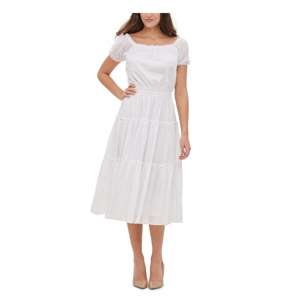 NWT - TOMMY HILFIGER White Short Sleeve Square Neck Tea-Length Fit + Flare Dress